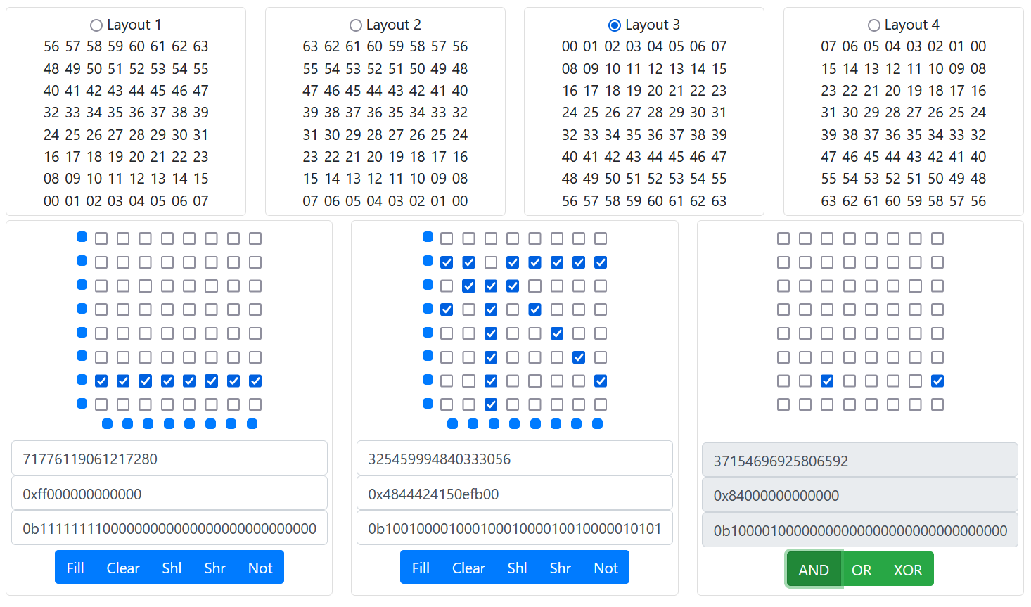 Bitboard visualization with queen attack bitboard being ANDed with pawn bitboard